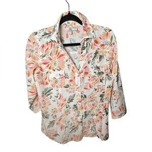 Floral Button Front Blouse Roll Tab Sleeve Size L Boho Cottagecore Top